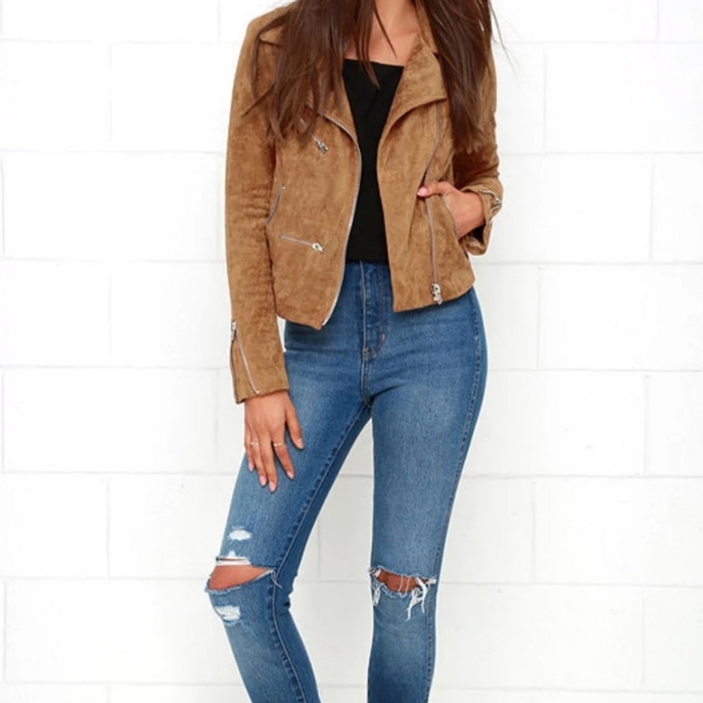 Olivaceous Tan faux Suede Moto Jacket Size Large